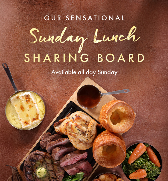 Sunday Lunch Sharing Board available all day Sunday with roast meats, Yorkshire puddings, mash, gravy and vegetables.